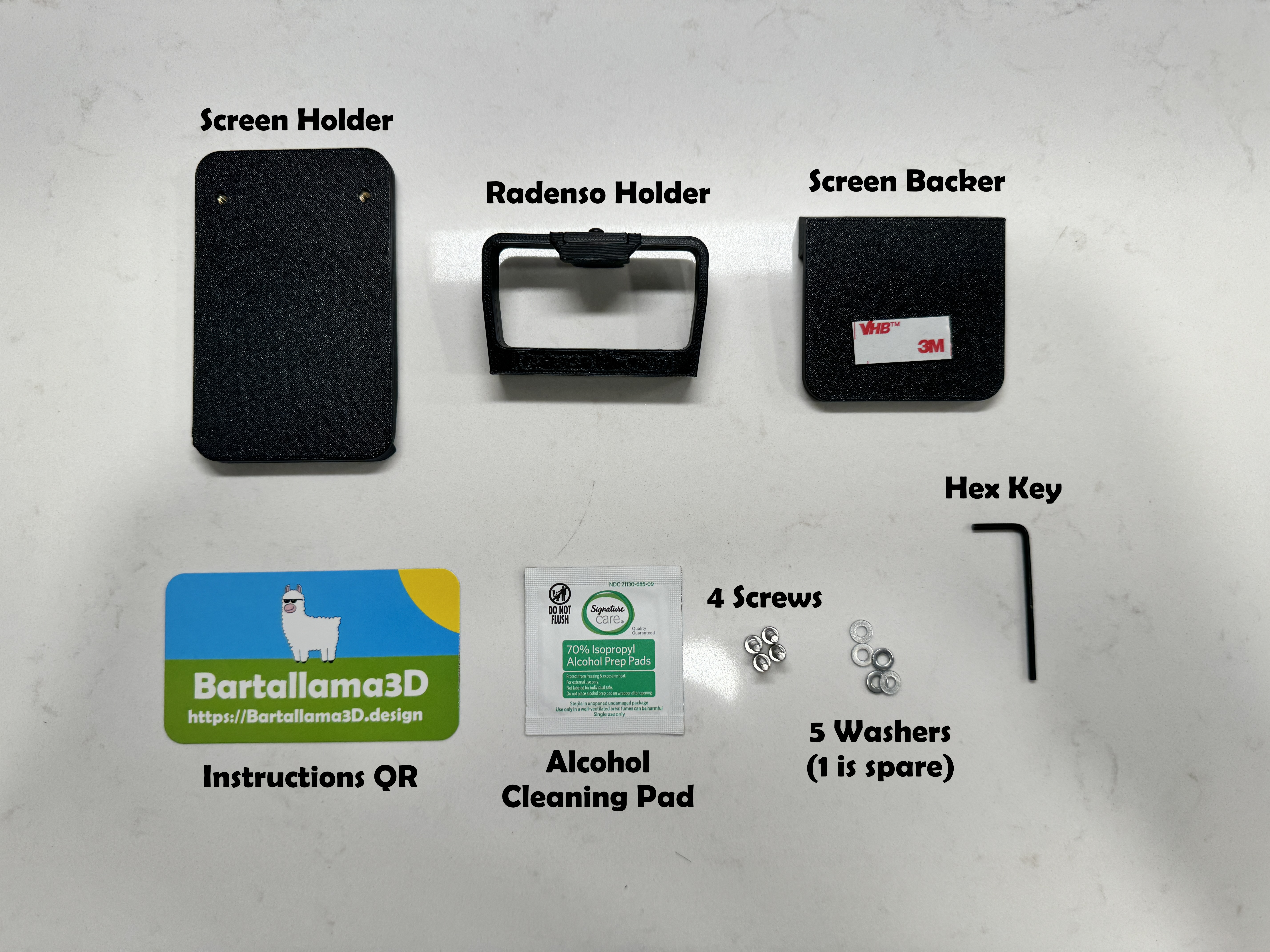 Mount comes with 3 3D printed parts, screws for assembly, a hex wrench and a alcohol cleaning pad