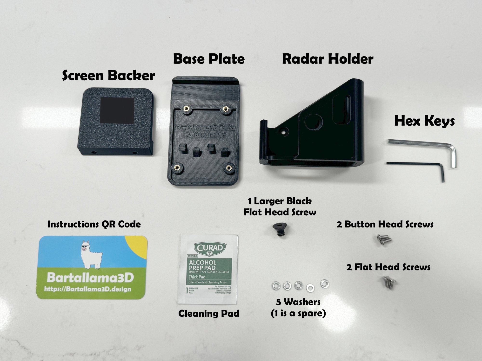 Mount comes with 3 3D printed parts, screws for assembly, 2 hex wrenches and an alcohol cleaning pad