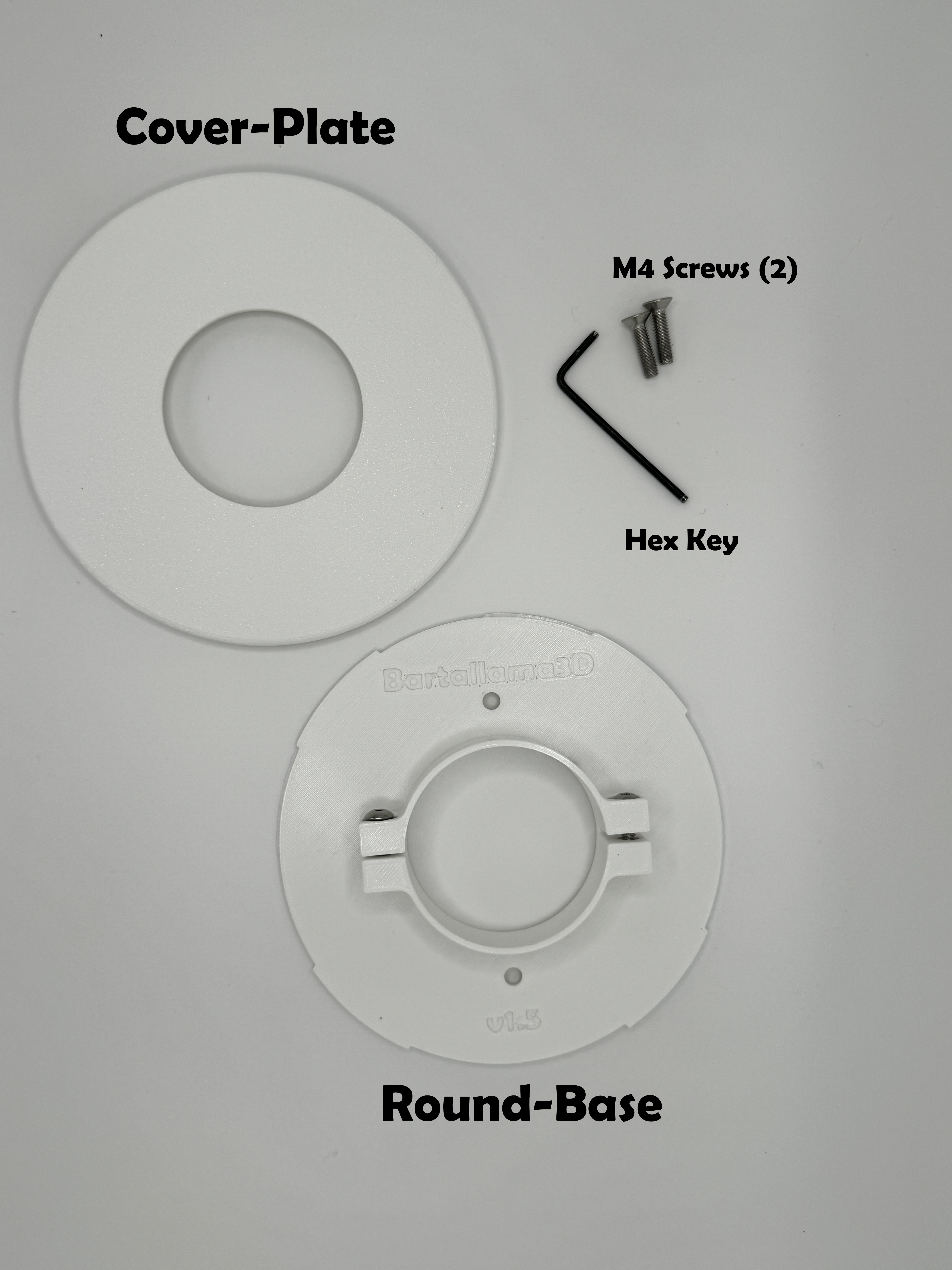 Camera bracket ships with bracket, 2 M4 flathead screws, and a white cover plate to cover up the screws