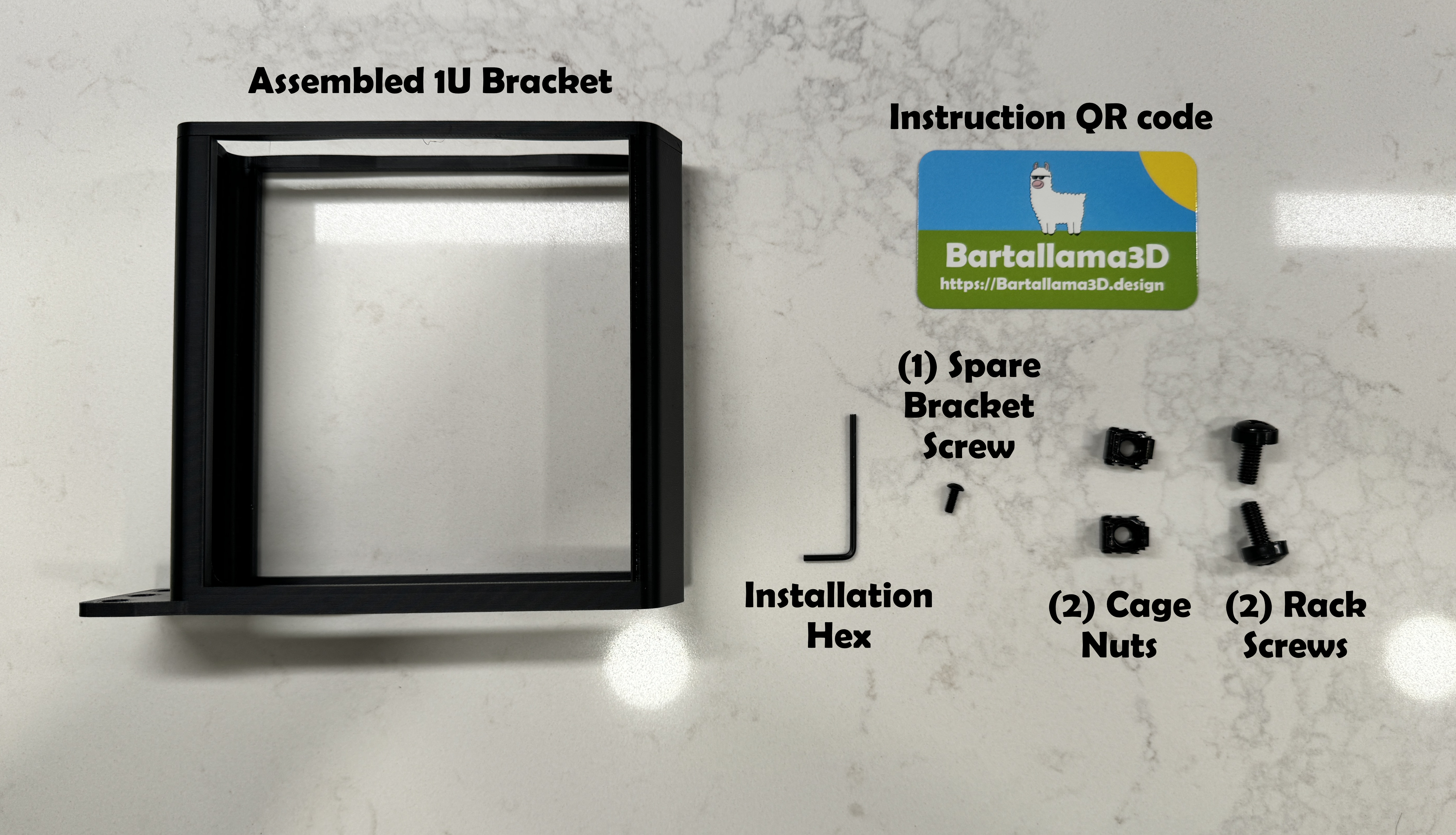 Package contents 1 Assembled 1U mounting bracket, 1 Instruction QR code, 1 Installation Hex Key, 1 Spare Screw, 2 Cage Nuts Black, 2 Rack Mount Screws Black