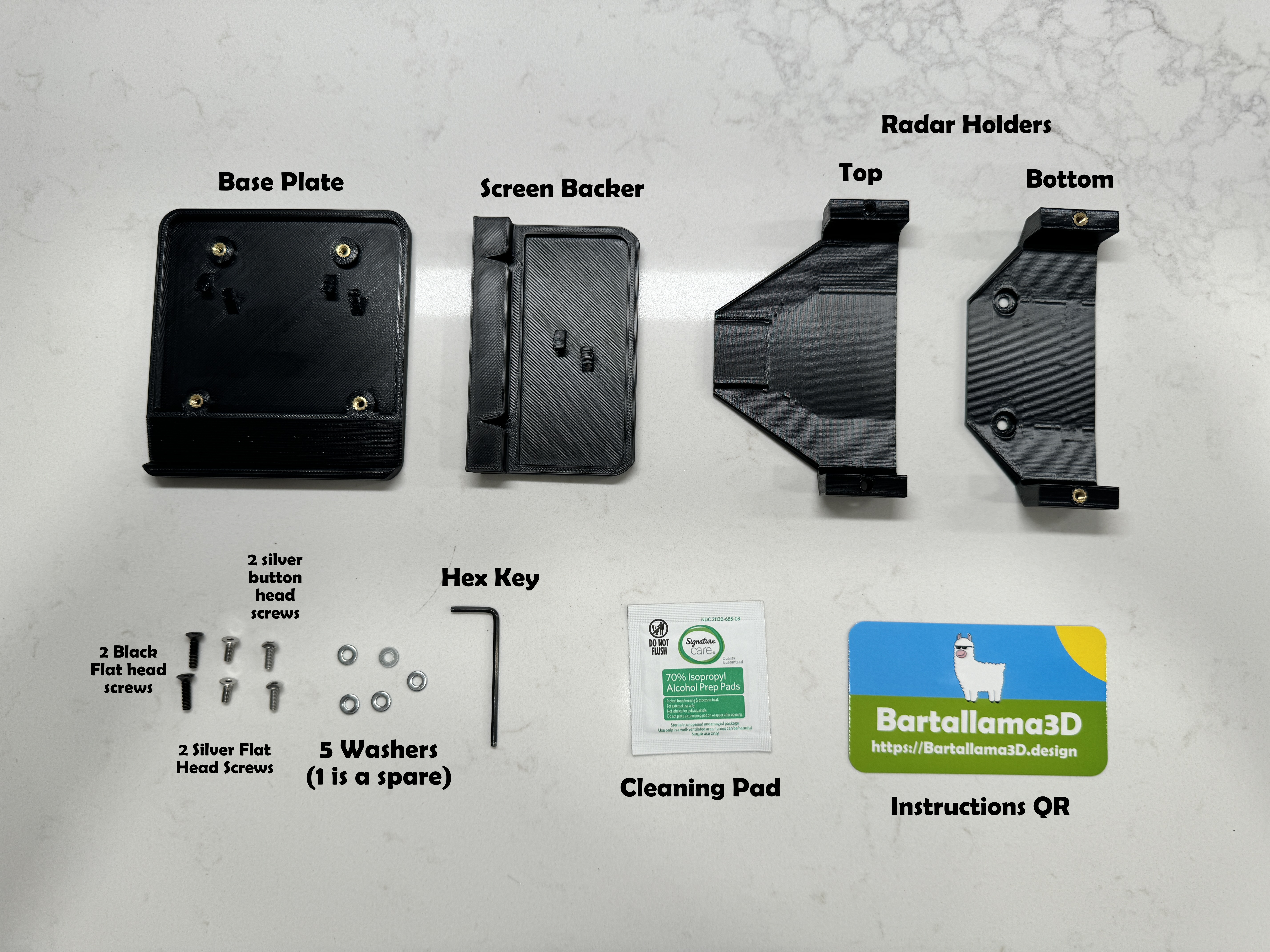 Bracket comes with 3 3D printed parts, screws for assembly, a hex wrench, instruction sheet and a alcohol cleaning pad